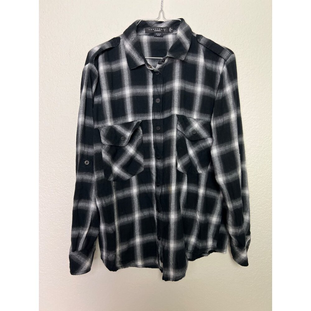 Sanctuary Plaid‎ Flannel Boyfriend Shirt Sz S Black White